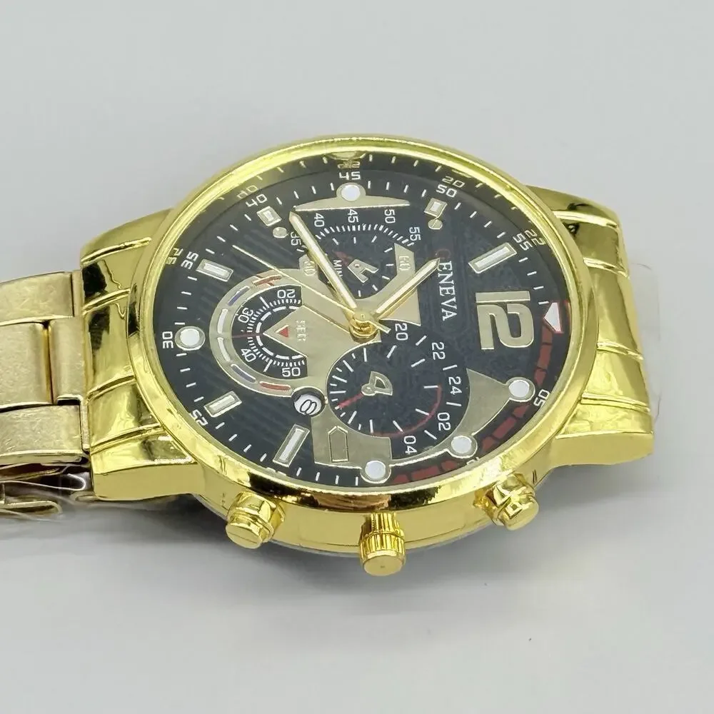 Geneva Mens Gold Tone Chronograph Style Watch Black Dial Stainless Steel New